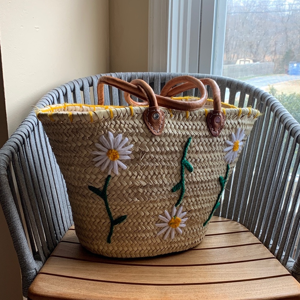 Floral Straw Tote bag - basket - beach bag - real Leather Handles Moroccan